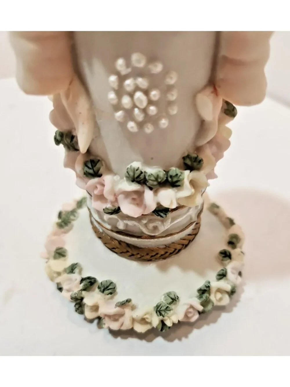 Pair of Sculpted Flower and Bows Ceramic Candlestick Holders Pastels Weddings